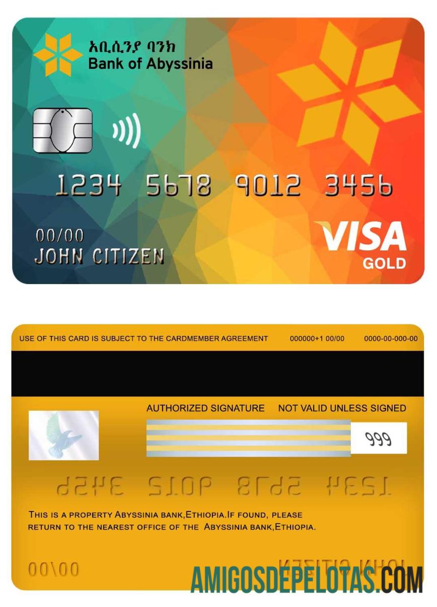 Cartão Visa Gold do Banco da Etiópia da Abyssinia exemplo